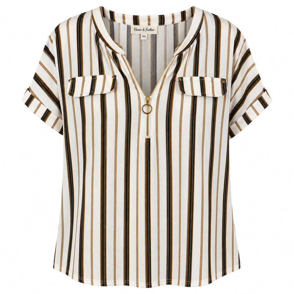 Flower & Feather Womens 2XL Striped Blouse Cream Black Brown Gold Zip Front